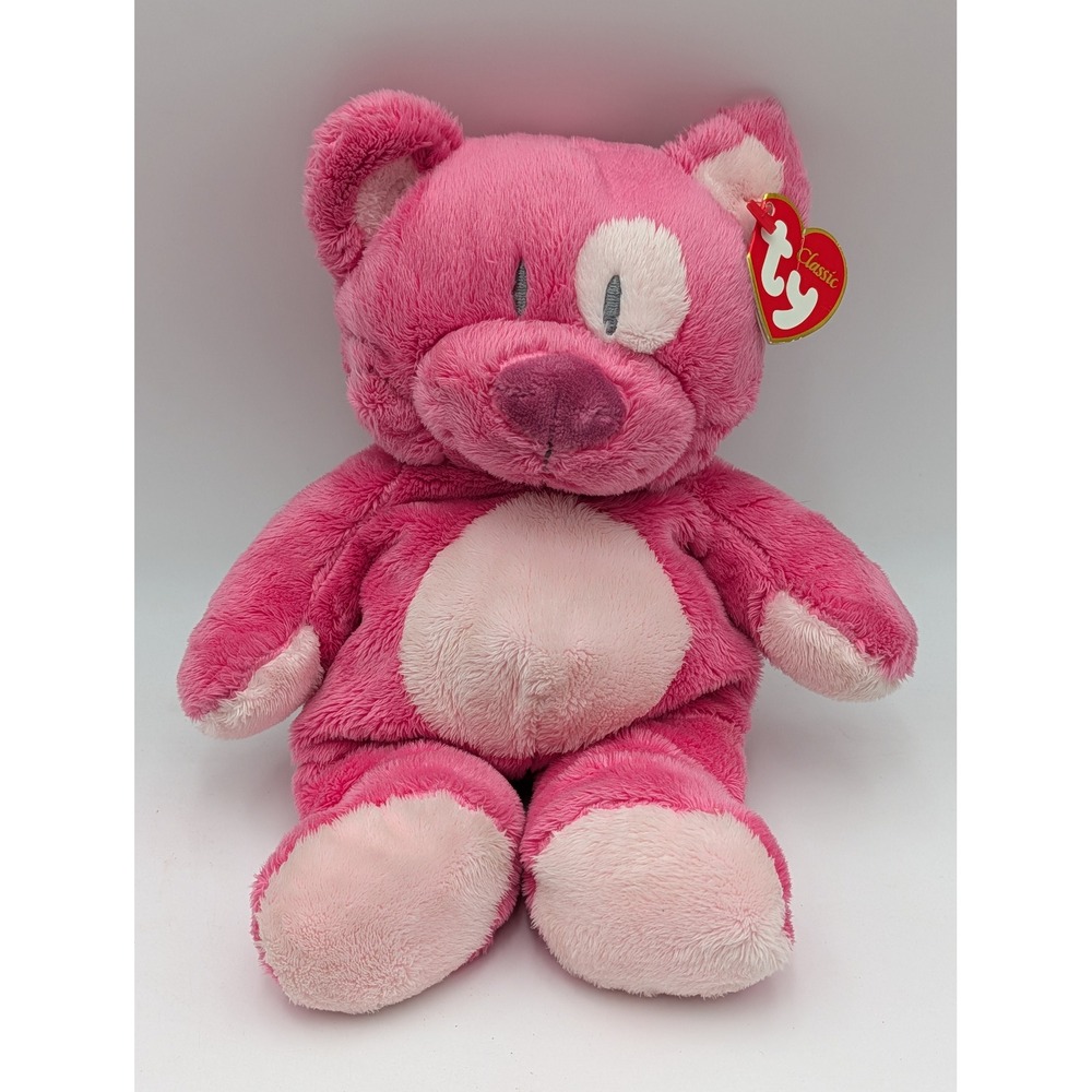Ty Pluffies Bluesy‎ Plush Bear Pink Shaggy Stuffed Animal 2005 Eye Patch 10 Inch